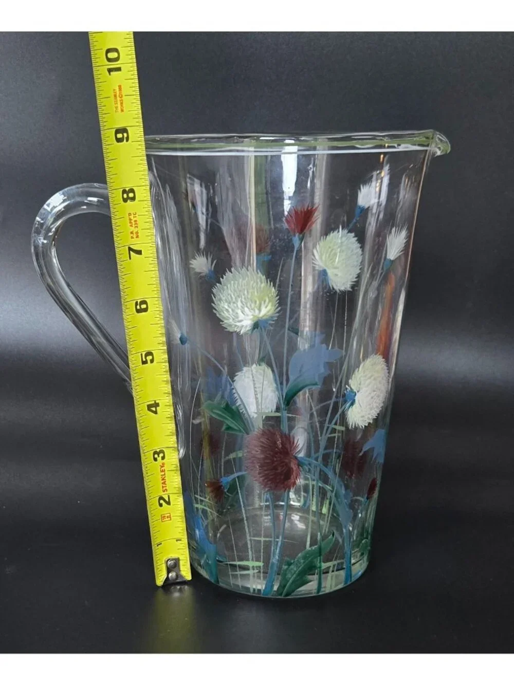 Vintage 1940s Glass Pitcher w/Hand Painted Clover, Floral Pitcher, Czech Glass,